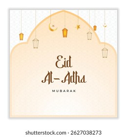 Eid al-Adha design de cartão de saudação com lanternas, lua, estrelas e arco islâmico vetor padrão. Ideal para post em mídias sociais, design festivo e com tema islâmico ou uso de impressão