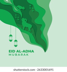 Eid al-Adha greeting card in modern paper cut style. Features a goat, hanging lanterns, and layered abstract background. Islamic festival design for Qurban celebration and Eid Mubarak wishes.