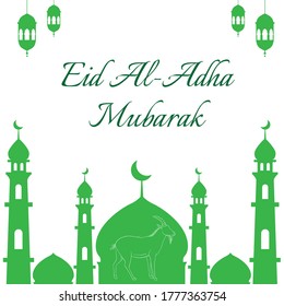 Eid Al-Adha greeting card with mosque, lantern and goat illustration.