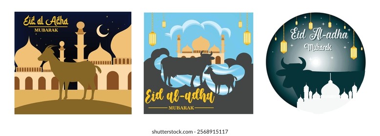 Eid al-Adha Greeting Card. Mosque, Livestock, and Festive Decorations. Cows and hanging lanterns. Set flat vector modern illustration 