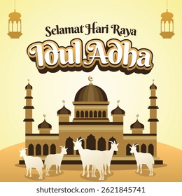 Eid al-Adha Greeting Card with Mosque and Goat Illustration. Suitable for Islamic holiday greeting cards, posters, banners, and social media content.