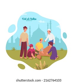 Eid al-Adha greeting card. Muslim people slaughtering a cow during Eid al-Adha mubarak, the feast of sacrifice