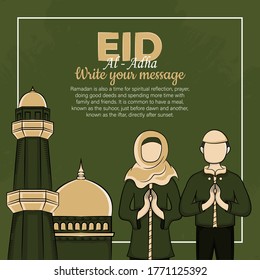 Eid al-Adha Greeting Cards with Hand drawn muslim people and mosque in Green Grunge Background. vector illustration