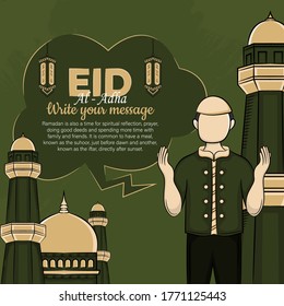 Eid al-Adha Greeting Cards with Hand drawn muslim people and mosque in Green Grunge Background. vector illustration
