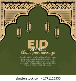 Eid al-adha Greeting Cards with Hand drawn lantern in Green Grunge Background. Vector Illustration