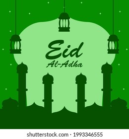 Eid al-Adha greeting design on a green background. silhouette mosque illustration. design for templates.
