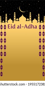 Eid Al-Adha greeting poster in black and golden with lamps, mosque, stars and moon