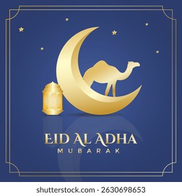Eid Al-Adha cumprimentos com lua crescente dourada, lâmpada e camelo no fundo azul. Ilustração vetorial Eid Al-Adha para cartões de saudação, mídias sociais, cartaz e banner.
