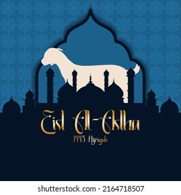 Eid al-Adha greetings with a mosque background and Islamic pattern.