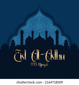 Eid al-Adha greetings with a mosque background and Islamic pattern.