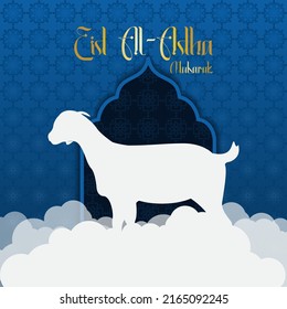 Eid al-Adha greetings with a mosque background and Islamic pattern.