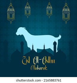 Eid al-Adha greetings with a mosque background and Islamic pattern.