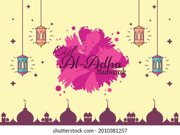 Eid al-Adha greetings with mosque decorations and Islamic patterns. vector illustration. Eid al-Adha. great for backgrounds, greeting cards and banners