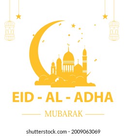 Eid al-Adha greetings in the shape of a mosque and a crescent moon minimalistic image in gold color. Muslim holiday sacrificing animals to God, Eid al-Adha greeting card concept, image design illustra