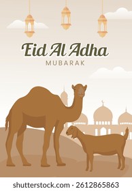 Eid al-Adha and hajj month vector with camel and sheep or goat illustration. Banner for muslim with mosque silhouette, lantern with islamic motif and qurban animal.