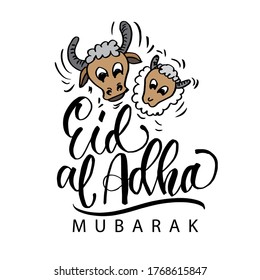Eid al-Adha handwritten lettering. Eid Mubarak. Modern vector hand drawn calligraphy head of cow and goats isolated on white background for Muslim holiday Bakr-Eid or Sacrifice Feast