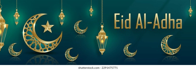 Eid al-Adha , the holidays celebrated in Islam with golden decorative lanterns on color background