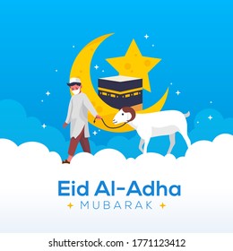 Ilustración de Eid Al-Adha con un niño tirando de una cabra