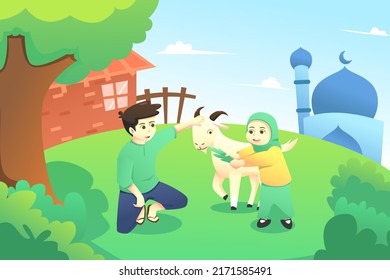 Eid al-adha illustration, girl and daddy feeding a goat