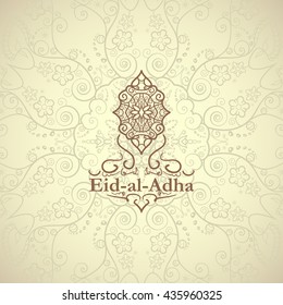 Eid al-Adha. Illustration with intricate Arabic lamp for the celebration of Muslim community festival. Free hand write with a modern lantern. Stars and moon decorated floral background.