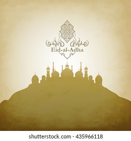 Eid al-Adha. Illustration with intricate Arabic lamp for the celebration of Muslim community festival. Free hand write with a modern lantern. Stars and moon decorated floral background.