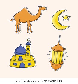 Eid al-Adha illustration stickers, Muslim hajj holidays, cute illustrations, lights, mosques, camels, moon and stars