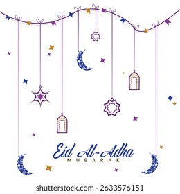 eid al-adha islamic background with decorative moons, stars, and lanterns. symbolizes the festive spirit and traditional animal sacrifice of the muslim holiday