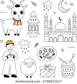 Eid al-Adha Islamic Celebration Element Set with Cute Goat, Sheep, Mosque, and Muslim Boy Illustration Vector