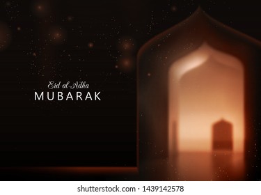 Eid Al-Adha Islamic holidays. greeting card. lamps on a blurred background arches. On bokeh arch interior background. Ramadan Kareem. Card design template. Traditional arabic poster card object