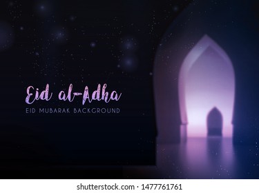 Eid Al-Adha Islamic holidays. greeting card. lamps on a blurred background arches. On bokeh arch interior background. Ramadan Kareem. Card design template. Traditional arabic poster card object