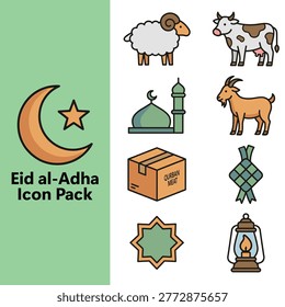 Eid al-Adha Islamic Icon Pack Minimalist Qurban Sacrifice Animals Sheep Goat Cow Mosque Crescent Vector Set Modern Flat Symbols Isolated on White	