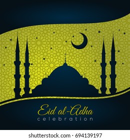 Eid al-Adha  label, greeting card. Silhouette of Mosque with moon and stars 