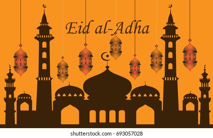 Eid al-Adha Lantern and mosque on white background you can use for Greeting Card, Invitation card and Wallpaper. Vector Illustration