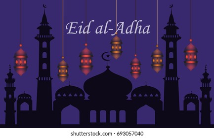 Eid al-Adha Lantern and mosque on blue background you can use for Greeting Card, Invitation card and Wallpaper. Vector Illustration