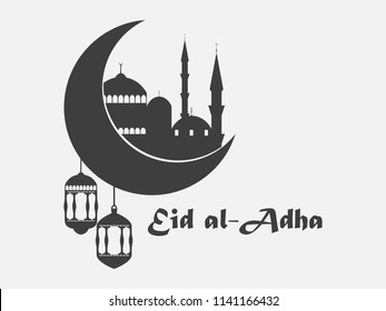 Eid al-Adha. Mosque, crescent and lantern. Kurban Bajram muslim festival of sacrifice. Ramadan Kareem. Vector illustration