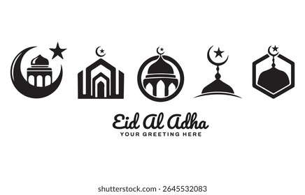 Eid al-Adha Mosque Icons Collection Crescent Moon and Star Silhouette Vector Set