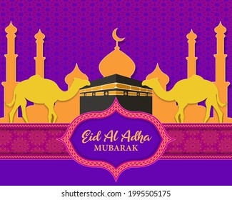 Eid al-Adha Mubarak background, banner template with Islamic pattern with crescent moon, qurban animals, and mosque. Decorated with islamic pattern border. Paper cut design style.