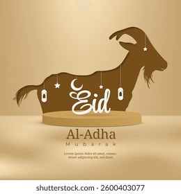 Eid Al-Adha Mubarak background with crescent, lantern, stars and podium. islamic greeting card