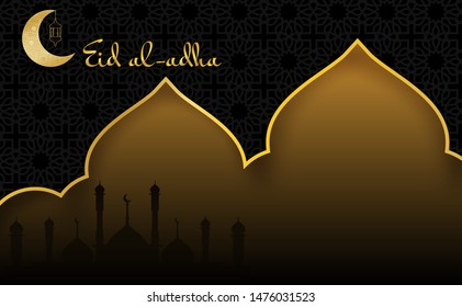 Eid al-Adha Mubarak background .design with lantern on gold, black background. paper art style. Vector. 