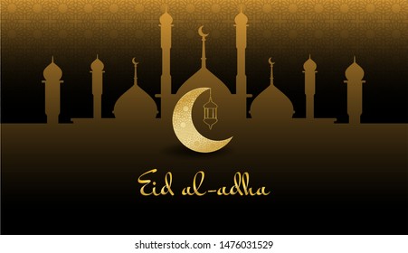 Eid al-Adha Mubarak background .design with lantern on gold, black background. paper art style. Vector. 