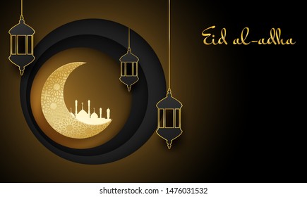 Eid al-Adha Mubarak background. design with lantern on gold, black background. paper art style. Vector. 