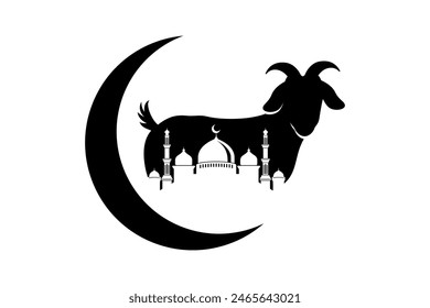 Eid al-Adha Mubarak background template with goat, mosque, and crescent Illustration.