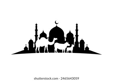 Eid al-Adha Mubarak background template with mosque and sacrifice animals silhouette. Camel, cow, and goat.