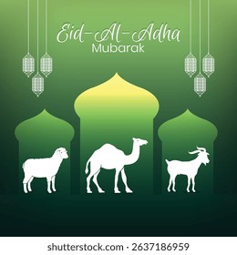 Eid al-Adha Mubarak Banner, with camel, goat, and sheep, an Islamic festival, green background