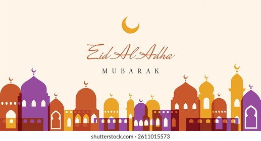 Eid al-Adha Mubarak banner with colorful mosque silhouettes and crescent moon. Islamic architecture in warm shades of orange, gold, and purple. Design for Eid al-Adha greeting cards, covers, posters.