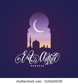 Eid al-Adha Mubarak calligraphic inscription translated into English as Feast of the Sacrifice. Drawn mosque night view from arch. Arabic design background. Handwritten greeting card, invitation etc.