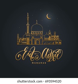 Eid al-Adha Mubarak calligraphic inscription translated into English as Feast of the Sacrifice. Vector hand written text with islamic holiday symbol. Hand sketched oriental mosque.