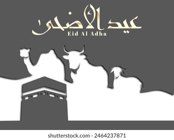 Eid Al-Adha Mubarak calligraphy background with vector illustration kaaba silhouette with paper cut style