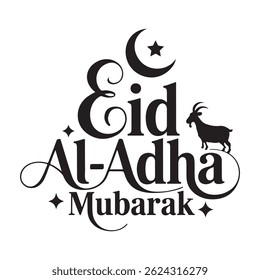 Eid al-Adha Mubarak calligraphy with crescent moon, star, and goat silhouette for Islamic Qurbani festival. 