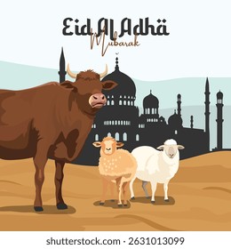 Eid al-Adha Mubarak Celebration with Animals and Mosque